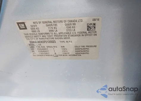 2015 Chevrolet Equinox 1Lt z USA, uszkodzony, nr VIN 2GNALBEK6F6120023